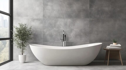 Modern bathroom with a freestanding tub, plant, and towels on a wooden stool. Gray walls and large window
