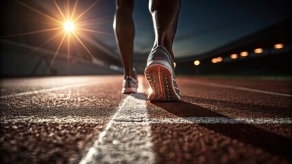A runner prepares to start a race on a track under stadium lights at dusk.
