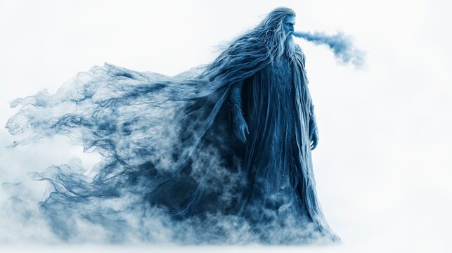 Boreas Greek god, icy breath, winter cloak, plain white background, god of the north wind