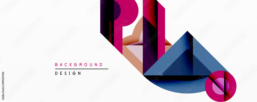 Poster Abstract geometric composition. Overlapping shapes create dynamic visual effect. Pink, purple, blue hues dominate design. Modern style, clean lines, minimalist aesthetic.