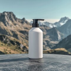 White pump bottle on table against mountain backdrop