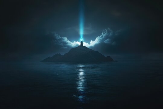 Solitary tower emits a beam of light piercing stormy night sky above a small island in the middle of the ocean