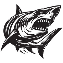 Modern Tribal Shark Vector Design – Fierce Black and White Illustration of an Aggressive Ocean Predator with Sharp Lines and Dynamic Motion – Ideal for Tattoo Art, Sports Team Branding, Streetwear Gra
