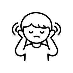 Child with hands on ears icon in black line art, sensory overload reaction symbol