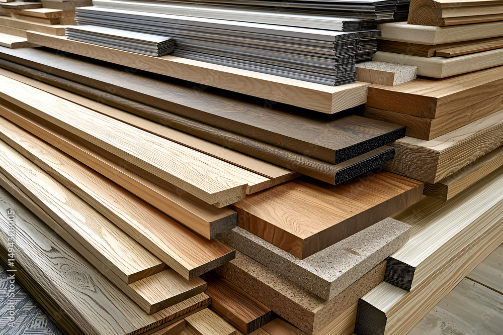 Poster stacked assortment of various wood planks and pieces displaying textures and tones suitable for cons