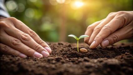 Fototapeta premium Hands gently nurturing a young green seedling growing in fertile soil with sunlight in the background.