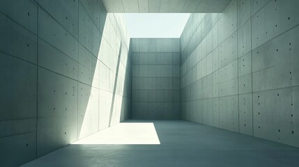 Obraz premium Concrete interior with natural light from the top, creating shadows and perspective. Minimalist, modern design
