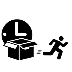 A person running towards an open box emerging from a clock, illustrated in a minimalist black and white style.