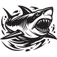 Modern Tribal Shark Vector Design – Fierce Black and White Illustration of an Aggressive Ocean Predator with Sharp Lines and Dynamic Motion – Ideal for Tattoo Art, Sports Team Branding, Streetwear Gra