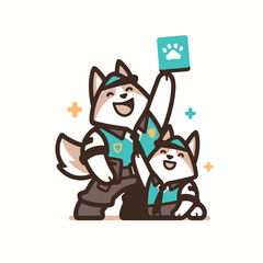 Husky Dog Ranger and Puppy with Paw Sign