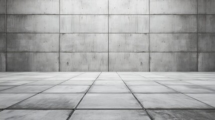 Fototapeta premium A stark, minimalist concrete room with tiled floor and panel wall. Illuminated by overhead lights