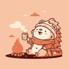 Hedgehog Enjoying Campfire with Hot Drink Winter