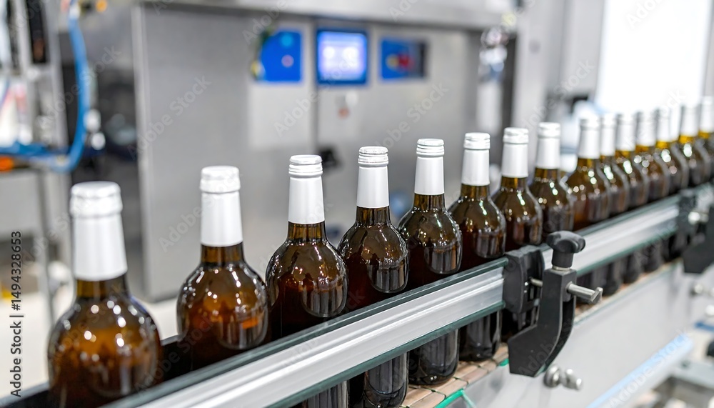 Poster bottles of beer on a production line.