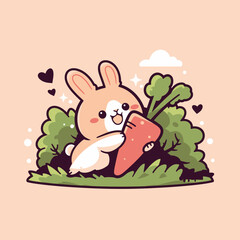 Happy Bunny Hugging Large Carrot in Bushes