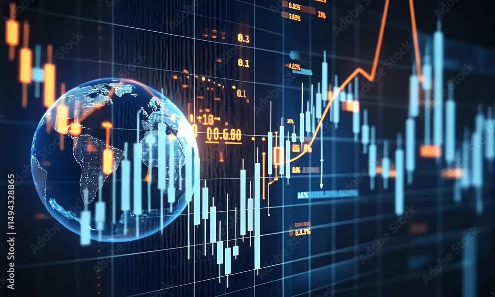 Poster a digital display showing the stock market, with charts and graphs of global stock market data. the 