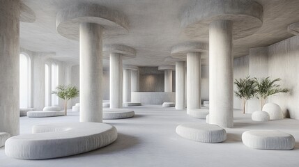 Modern interior with large columns, soft seating, and plants. Bright, minimalist design. Concrete. Open space