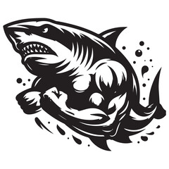 Aggressive Muscular Shark Mascot Illustration – Black and White Vector Art for Sports or Branding