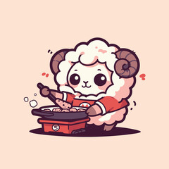 Cute Ram Sheep Grilling Food on Hotplate
