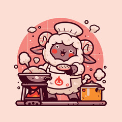 Ram Sheep Chef Cooking with Pan and Pot