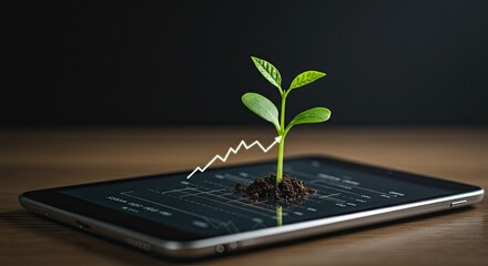 A seedling emerging from the ground, atop a tablet displaying upward trending graphs