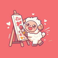 Sheep Artist Painting Colorful Abstract on Easel