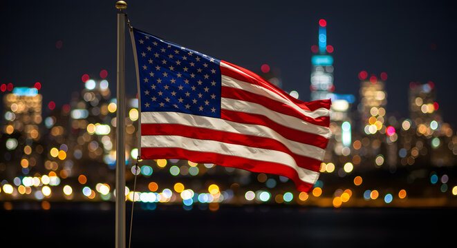 American Flag at Night, City Skyline Background