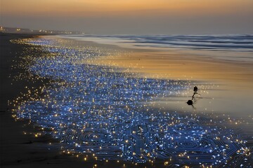 Circuit board design illuminated on a serene beach at sunset creating a technological seascape