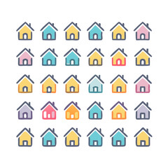 Web home icon set for websites and apps. Simple house symbol. Flat real estate sign. Main page pictogram in filled, thin line, outline and stroke style. Isolated illustration.
