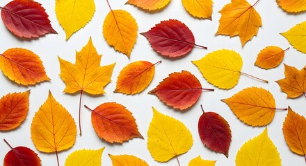 Obraz premium A beautiful overhead view of colorful autumn leaves scattered on a white surface.