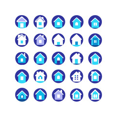 Web home icon set for websites and apps. Simple house symbol. Flat real estate sign. Main page pictogram in filled, thin line, outline and stroke style. Isolated illustration.

