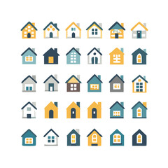 Web home icon set for websites and apps. Simple house symbol. Flat real estate sign. Main page pictogram in filled, thin line, outline and stroke style. Isolated illustration.
