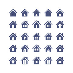 Web home icon set for websites and apps. Simple house symbol. Flat real estate sign. Main page pictogram in filled, thin line, outline and stroke style. Isolated illustration.
