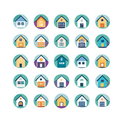 Web home icon set for websites and apps. Simple house symbol. Flat real estate sign. Main page pictogram in filled, thin line, outline and stroke style. Isolated illustration.

