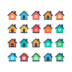 Web home icon set for websites and apps. Simple house symbol. Flat real estate sign. Main page pictogram in filled, thin line, outline and stroke style. Isolated illustration.
