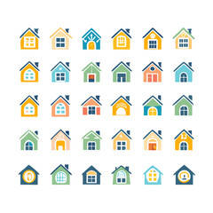 Web home icon set for websites and apps. Simple house symbol. Flat real estate sign. Main page pictogram in filled, thin line, outline and stroke style. Isolated illustration.
