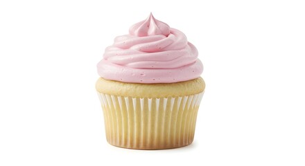 A single vanilla cupcake with pink frosting, a sweet dessert, isolated on a white background.