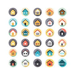 Web home icon set for websites and apps. Simple house symbol. Flat real estate sign. Main page pictogram in filled, thin line, outline and stroke style. Isolated illustration.

