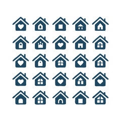 Web home icon set for websites and apps. Simple house symbol. Flat real estate sign. Main page pictogram in filled, thin line, outline and stroke style. Isolated illustration.
