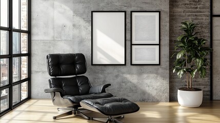 Chic living space with leather recliner, potted plant, & blank framed art on textured concrete wall. Natural light streams in