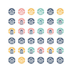 Web home icon set for websites and apps. Simple house symbol. Flat real estate sign. Main page pictogram in filled, thin line, outline and stroke style. Isolated illustration.
