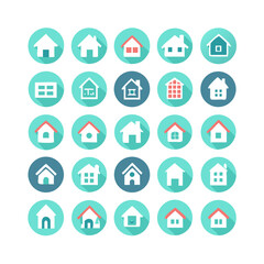 Web home icon set for websites and apps. Simple house symbol. Flat real estate sign. Main page pictogram in filled, thin line, outline and stroke style. Isolated illustration.
