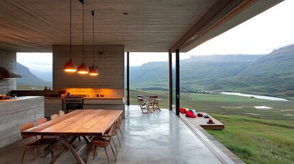 Modern interior with dining area and kitchen overlooking a scenic mountain vista. Outdoor seating and pendant lights