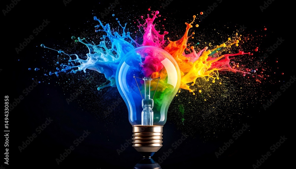 Aufkleber Bulb exploding with colorful paint with black bg.