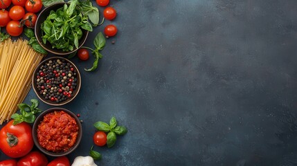 Fresh Ingredients for Homemade Pasta Dish Including Tomatoes, Garlic, Spices and Herbs on Dark Background