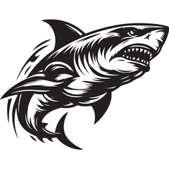 Modern Tribal Shark Vector Design – Fierce Black and White Illustration of an Aggressive Ocean Predator with Sharp Lines and Dynamic Motion – Ideal for Tattoo Art, Sports Team Branding, Streetwear Gra