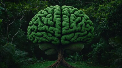 Lush Green Tree Shaped Like Brain in Dense Forest Surrounded by Vibrant Nature and Foliage