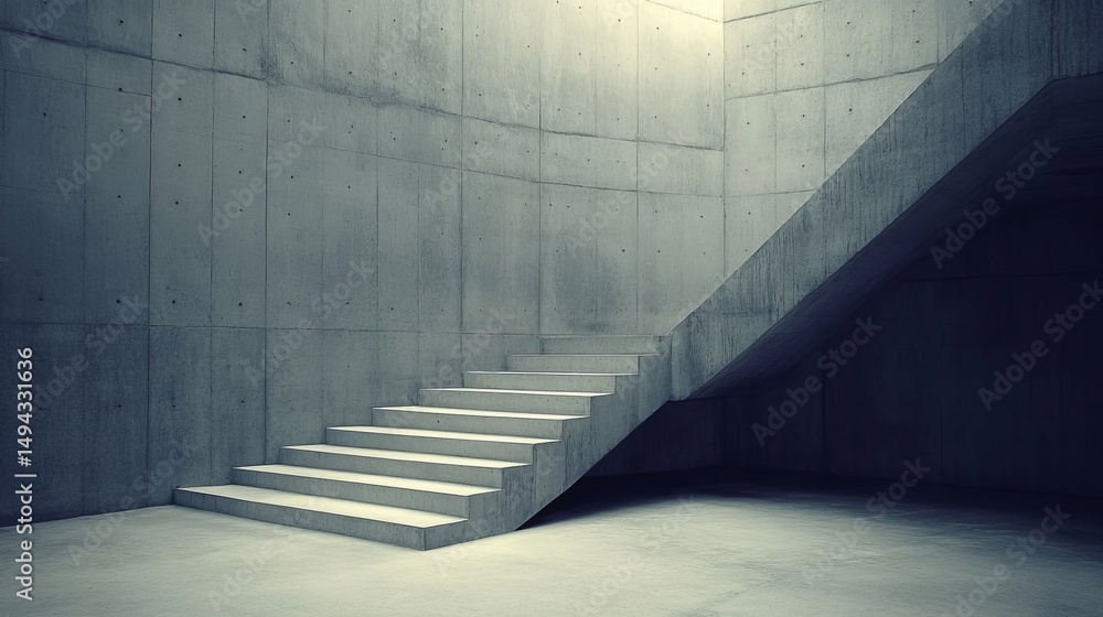 Poster concrete stairs ascend within a minimalist, industrial-style space. light filters from above, creati