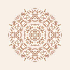 Elegant Boho Mandala Vector Line Art – Floral Decorative Pattern in Brown on Beige Background.