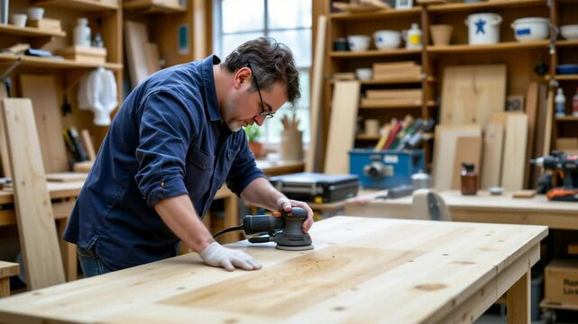 A man is sanding a large wooden table in a workshop filled with woodworking tools and materials.