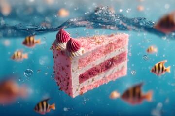 Colorful Slice of Cake Floating Underwater Surrounded by Small Fish and Bubbles in a Blue Aquatic Environment